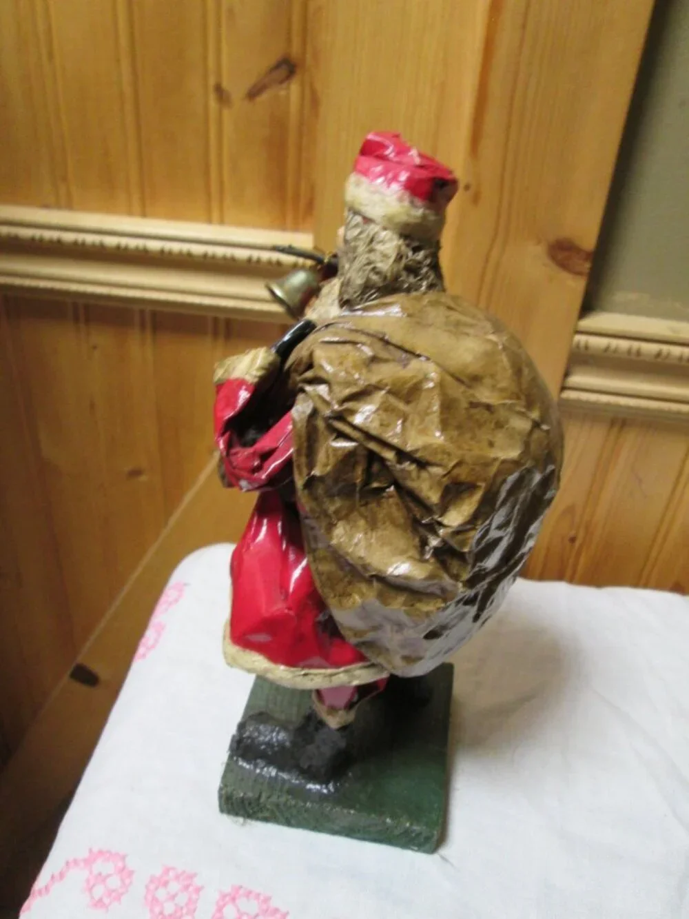 antique MCM folk lore Hand Painted Paper mache santa sack and bell on wood base